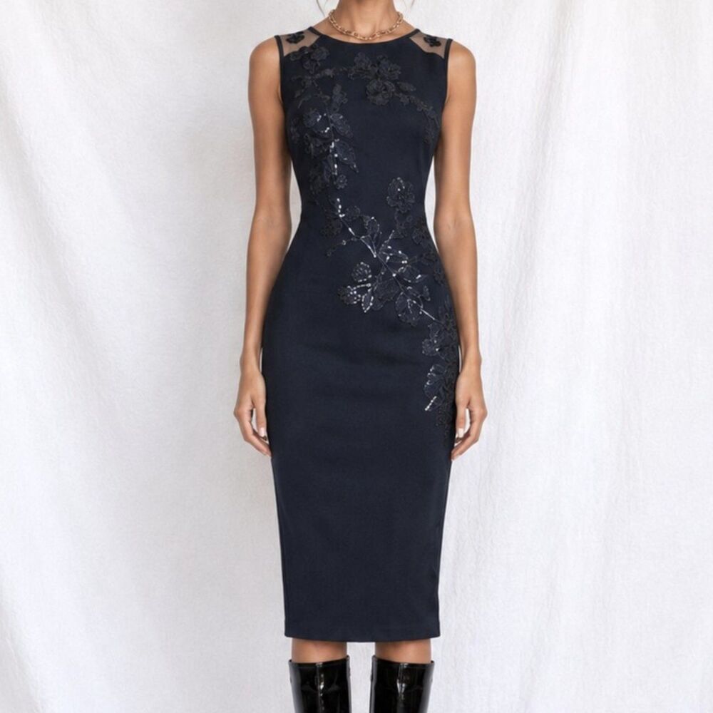 Vintage Y2K Tahari Navy Blue Bodycon Floral Mesh Sequin Cocktail Dress Size M